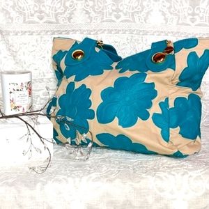 Big Buddha, Large Tote, Cream, With Teal Flowers,